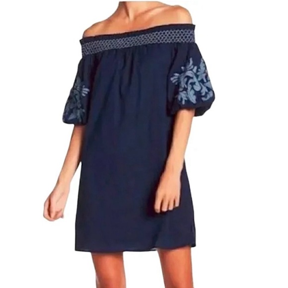 BeachLunchLounge Blue Cotton Embroidered Off the Shoulder Shift Mini Dress Small - Picture 1 of 7